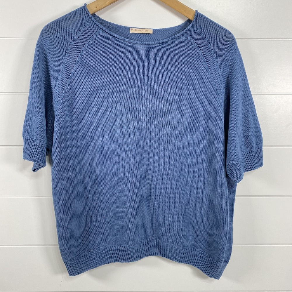 Baraka & Ziggy Sweater Womens Large Blue Short Sleeve Knit Pullover Italy Cotton - Picture 1 of 9